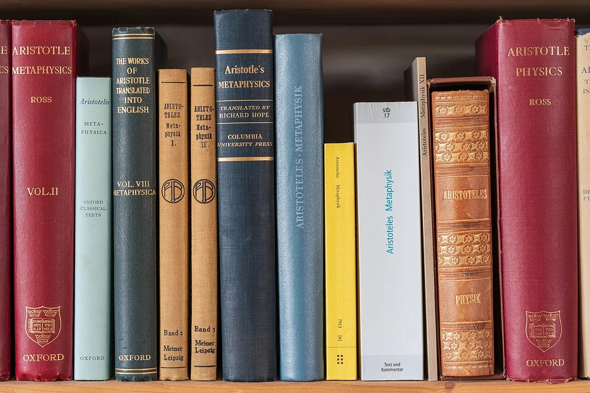 Close-up van een boekenplank met rechtopstaande boeken in rode, blauwe en okergele banden.